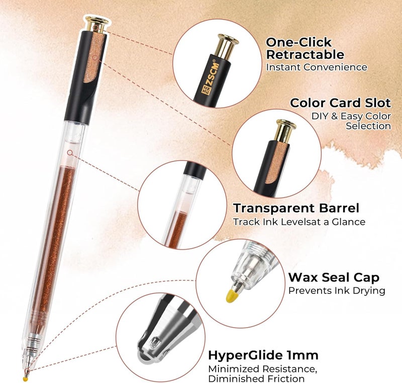 ZSCM Retractable Glitter Gel Pens, 12 Colors Large Capacity Skin Tone Glitter Metallic Gel Ink Pens, 1 mm Fine Point Smooth Writing Color Pens for Adult Coloring Book Note Taking Aesthetic Art Supplies - Image 2